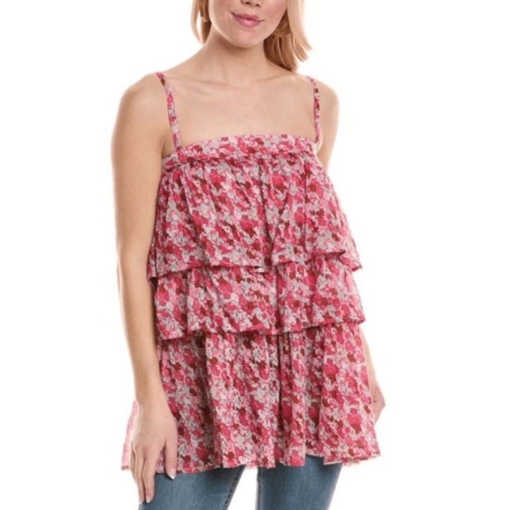 Free People Talia Tunic Top Tiered Ruffle Dress Floral Print Pink Combo Medium - Picture 4 of 12
